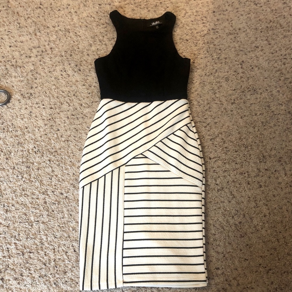 Black and white striped knee length dress